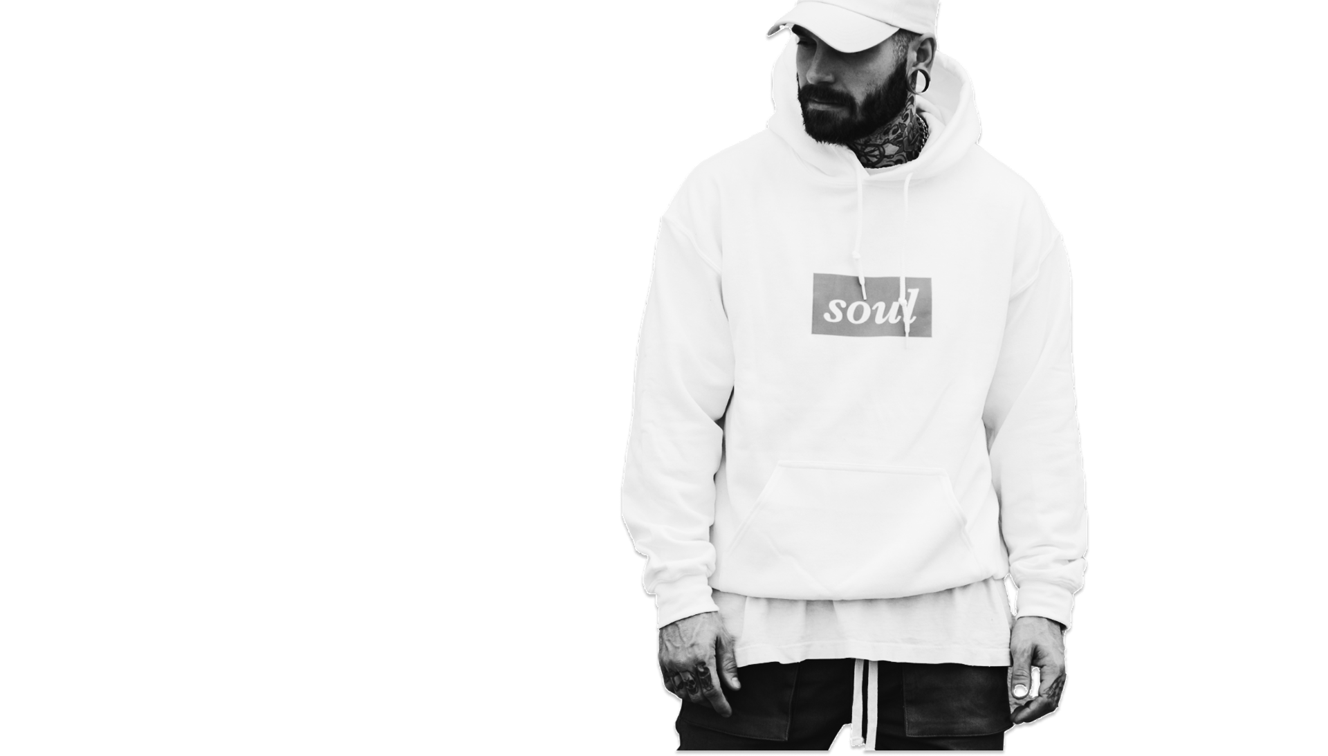 Model wearing a white streetwear hoodie